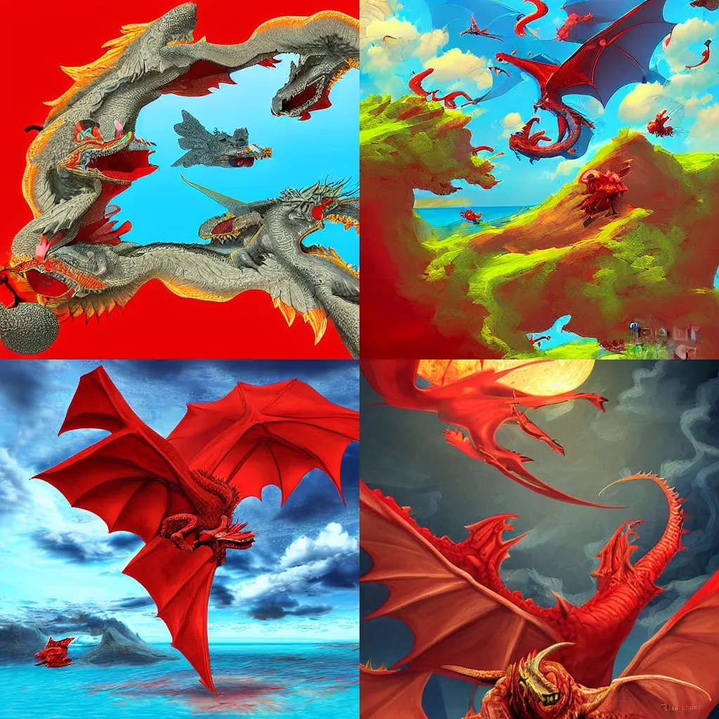 Prompt: a crimson flying island surrounded by dragons, digital art