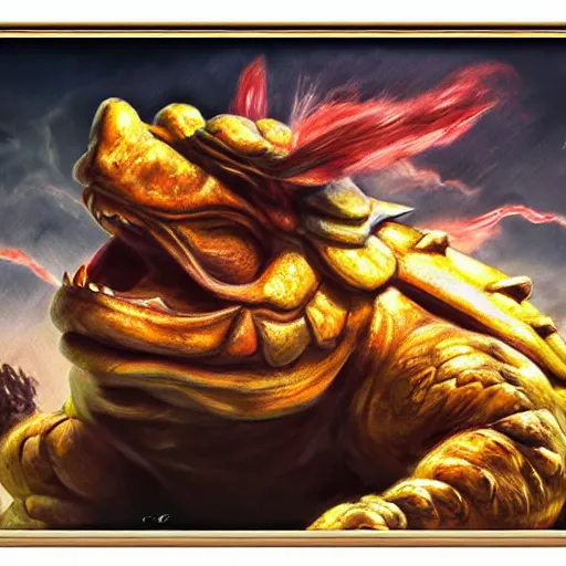 Image similar to An ultra realistic portrait painting of Bowser the Koopa King in the style of Frank Frazetta, 4k, Ultrarealistic, Highly Detailed, Dark Fantasy, Epic Lighting