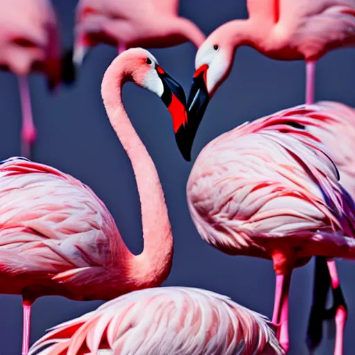 Prompt: A painting filled with flamingos edge to edge. No background, beautiful feather, soft pinks and hard contrasting black beaks. insane detail, photorealistic, cinema4D, extremely high aperture.