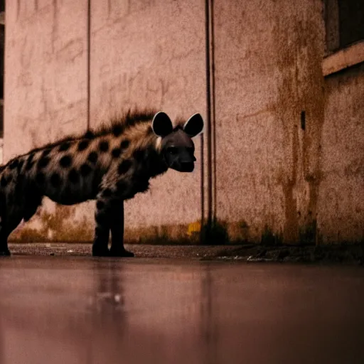 Image similar to a high quality low wide angle photo of a hyena on the streets of a cyberpunk city, rainy, reflective ground, neon lights, realism, 8k