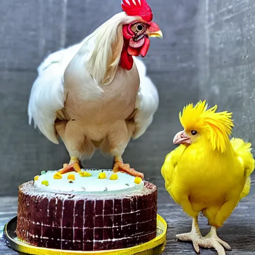 Prompt: a leghorn rooster standing near a live fluffy yellow baby chic with a simple miniature birthday cake nearby