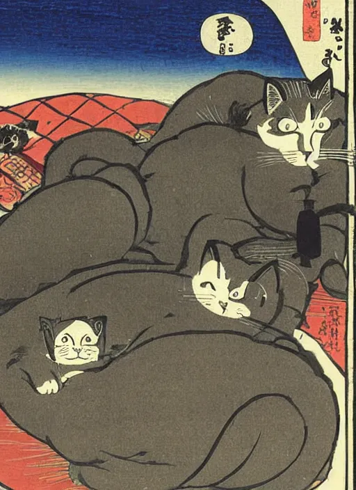 Prompt: a cat with 2 baby cats of utagawa hiroshige