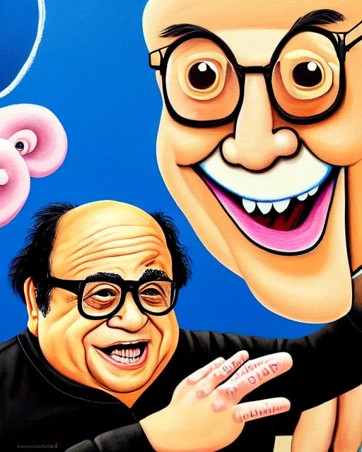 Image similar to painting portrait of danny devito as a ham, cartoon, warm lighting, danny devito has a ham body, danny devito's face on a ham. movie poster, illustration by bartek fedyczak, erak note, tooth wu, neil richards, kan liu, siwoo kim, jisu choe, trending on art station