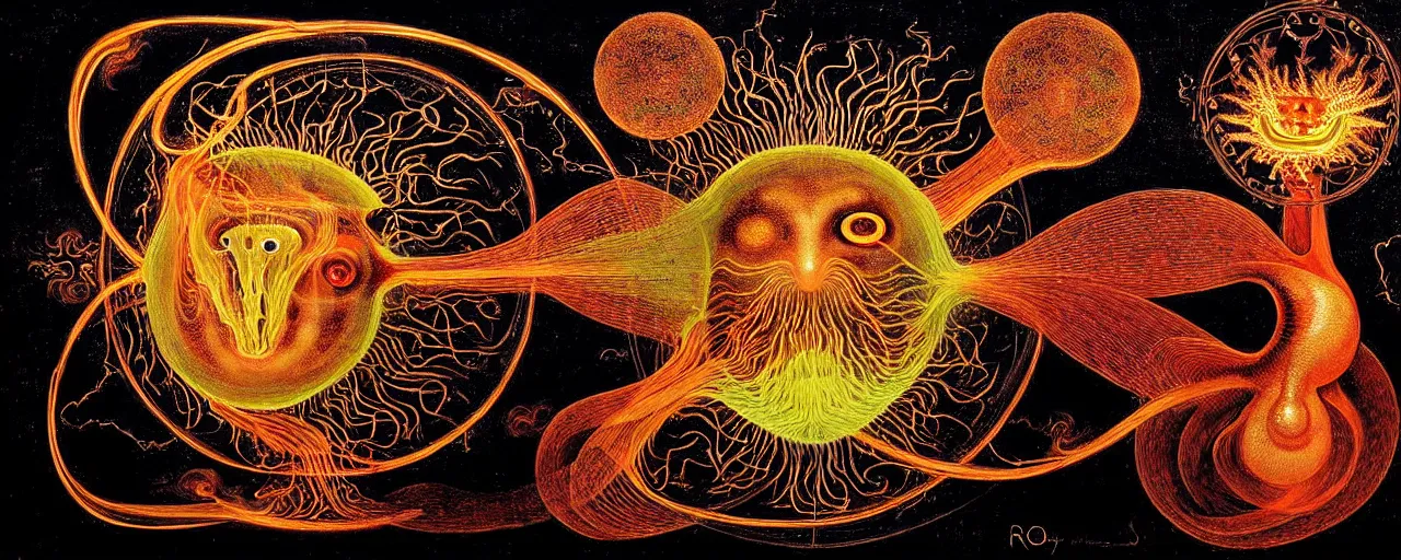 Image similar to a strange fire creature with endearing eyes radiates a unique canto'as above so below'while being ignited by the spirit of haeckel and robert fludd, breakthrough is iminent, glory be to the magic within, in honor of saturn, painted by ronny khalil