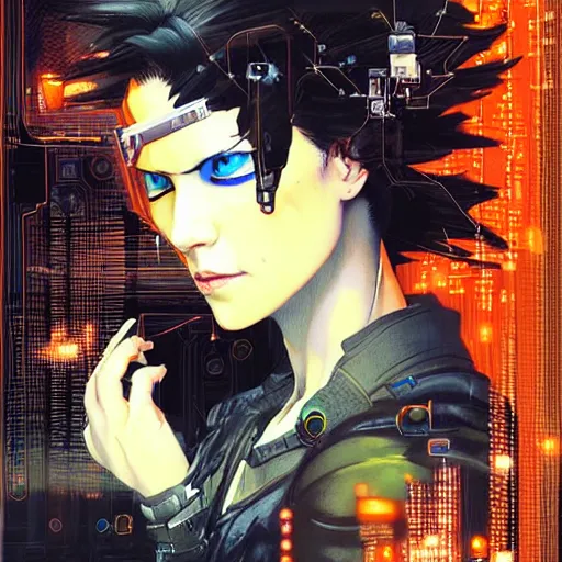 Image similar to portrait of the cyberpunk female pilot with mutiple wired personalities in circuitry, orange - noir tarot card by yoji shinkawa, ryuichi sakamoto, esao andrews and yoshitaka amano