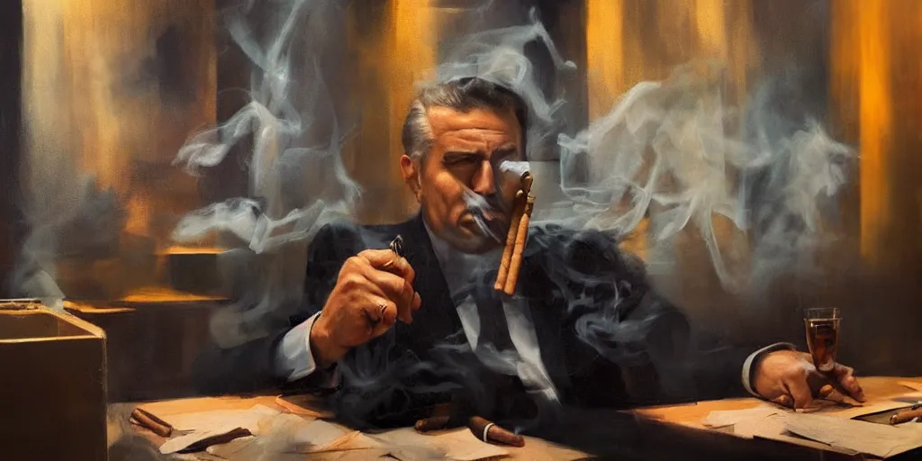 Image similar to abstract oil matte portrait painting, mafia boss smoking a cigar at his 5 0 s new york office desk, wonderful masterpiece highly detailed, beautiful cinematic light deep focus, elegant, digital painting, smooth, sharp focus, golden ratio, dramatic illumination, ultra realistic, 8 k, art by jimmy law