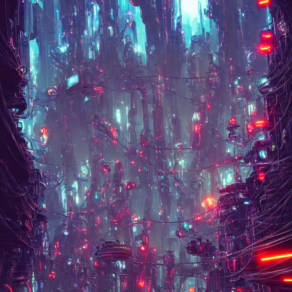 Image similar to robo cats inside an scifi tentacles wires futuristic city, beautiful signs, wide angle, retro futuristic comics, cinematic, highly detailed, photorealistic, rich bright colors, trending on artstation, giger, tsutomu nihei, trending on cgsociety, awe inspiring bruce pennington cityscape, digital art painting of 1 9 6 0 s