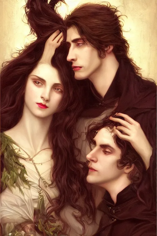 Image similar to romance Bookcover, a portrait of handsome young male vampire with long hair and his elegant beautiful dark bohemian wife, bored, illustration, dramatic lighting, soft details, painting oil on canvas, art nouveau, octane render, HDR, 4k, 8k, HD, by Edmund Blair Leighton, Brom, Charlie Bowater, trending on artstation, faces by Tom Bagshaw, Sargent