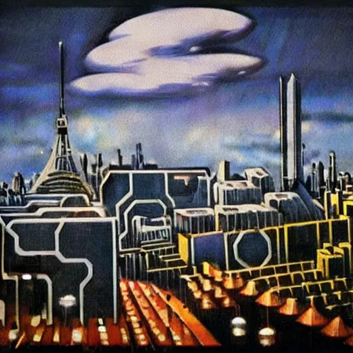 Image similar to city of light under a bright cloudy sky, overexposed retro science fiction vintage art