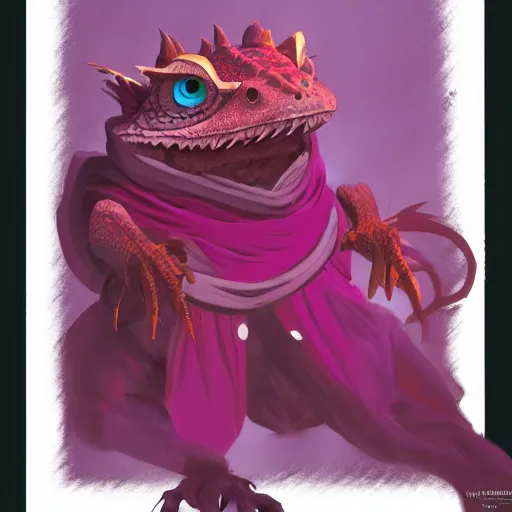 Image similar to concept art painting of an anthropomorphic bearded dragon anthro wearing magenta wizard robes, in the deep forest, realistic, detailed, cel shaded, in the style of makoto shinkai and greg rutkowski and james gurney