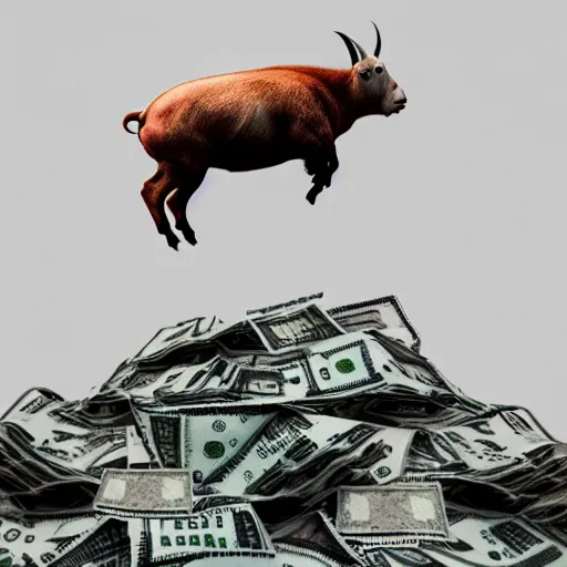 Prompt: a mountain goat running from a pig over a pile of money, beeple, lo - fi, weird