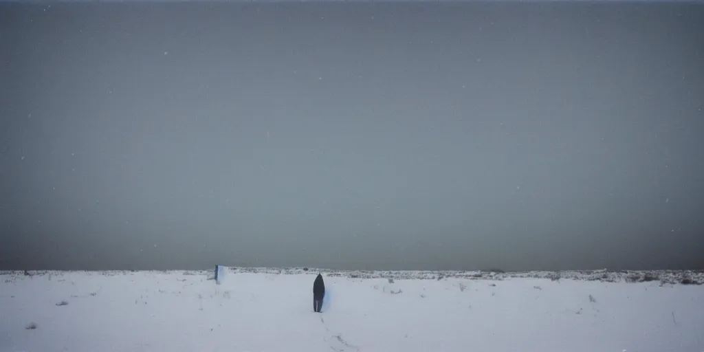 Image similar to photo of shiprock, new mexico during a snowstorm. a old man in a trench coat and a cane appears as a hazy silhouette in the distance, looking back over his shoulder. cold color temperature. blue hour morning light, snow storm. hazy atmosphere. humidity haze. kodak ektachrome, greenish expired film, award winning, low contrast.