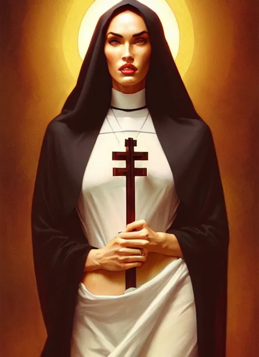 Image similar to portrait of megan fox as a sultry nun, bible, catholic, religion, cross, prayer, intricate, headshot, highly detailed, digital painting, artstation, concept art, sharp focus, cinematic lighting, illustration, art by artgerm and greg rutkowski, alphonse mucha, cgsociety