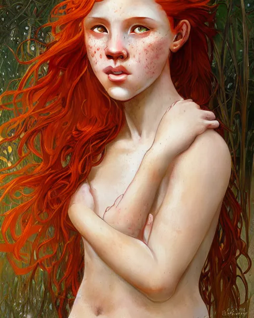 Prompt: portrait of 1 4 - year - old girl with flaming red hair, a lot of freckles, and bright brown eyes, hyper realistic face, beautiful eyes, fantasy art, in the style of greg rutkowski, intricate, alphonse mucha, hyper detailed, smooth