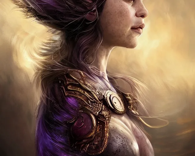 Image similar to Emilia Clarke in heroic pose with weapon, cinematic, 4k, hyper realistic, super detailed, colorful accents, purple hair, golden ratio, symmetrical face, highly detailed professional photo, centered, rim lights, vray caustics, hyper realistic, by artgerm and Craig Mullins, James Jean, Andrey Ryabovichev, Mark Simonetti and Peter Morbacher 16k