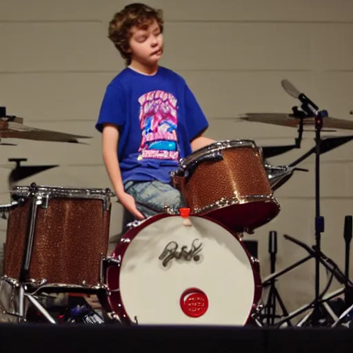 Image similar to the coolest kid in middleschool performing a super drum solo at the talent show