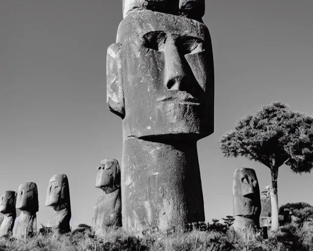 Prompt: black and white noir film. moai, the lords of cannabis. plants everywhere.