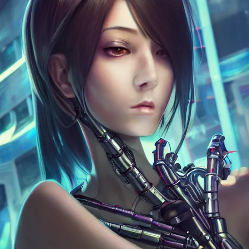 Prompt: a leggy portrait photo of a cybernetic oversize anime girl, cyberpunk concept art, digital art, highly detailed, intricate, sci-fi, sharp focus, Trending on Artstation HQ, deviantart, unreal engine 5, 4K UHD image, hyperrealistic, photorealistic, art by artgerm and greg rutkowski and alphonse mucha