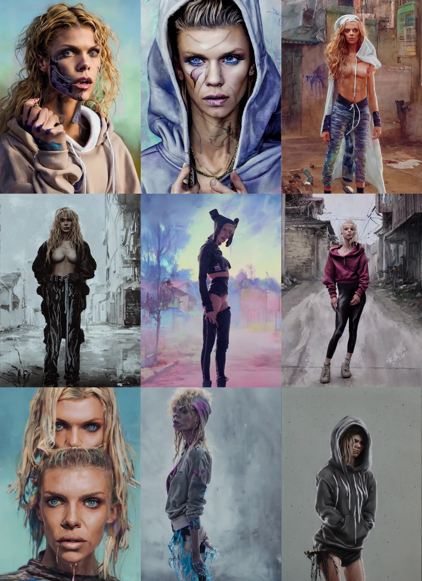 Prompt: still from music video of annalynne mccord from die antwoord standing in a township street, wearing a hoodie, street clothes, full figure portrait painting by martine johanna, earl norem, wadim kashin, pastel color palette, 2 4 mm lens