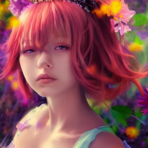 Image similar to Photorealistic beautiful anime princess with flowers. Hyperdetailed photorealism, 108 megapixels, amazing depth, glowing rich colors, powerful imagery, psychedelic Overtones, 3D finalrender, 3d shading, cinematic lighting, artstation concept art