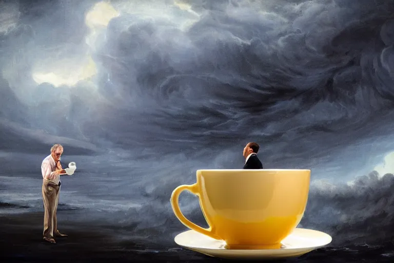 Prompt: the man looks at the storm in a teacup, hyperdetailed