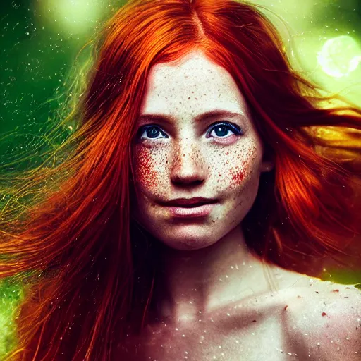 Image similar to highly detailed sharp wallpaper portrait of a red haired girl softly smiling among fireflies, with long hair, green eyes, round face, hint of freckles, intricate details, dramatic light, golden ratio, hyper realistic digital art