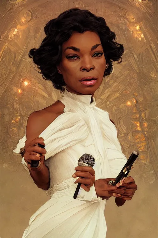 Image similar to beautiful cottagecore audreh winfrey holding a microphone. intricate, elegant. highly detailed, digital painting, artstation, concept art, smooth, sharp, focus, illustration. . art by artgerm and greg rutkowski and alphonse mucha