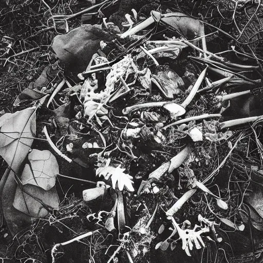 Prompt: “analogue moody details photo of plant made of garbage and bones”