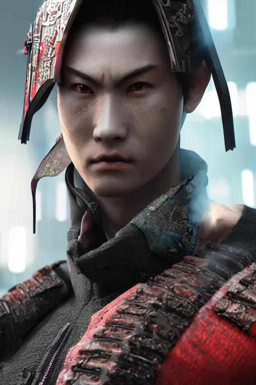 Image similar to hyperrealistic cyberpunk samurai character, ultradetailed, volumetric lighting, 4k UHD.