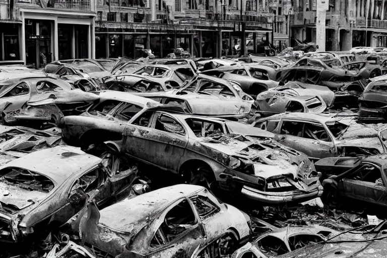 Prompt: pile of wrecked cars in the middle of the square, photo by John Free,