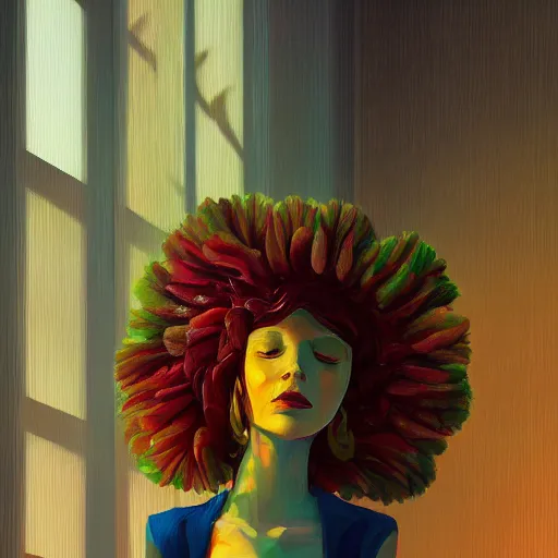 Image similar to closeup, giant flower head, woman next to modern windows, luxury apartment, surreal photography, dramatic light, impressionist painting, digital painting, artstation, james gilleard