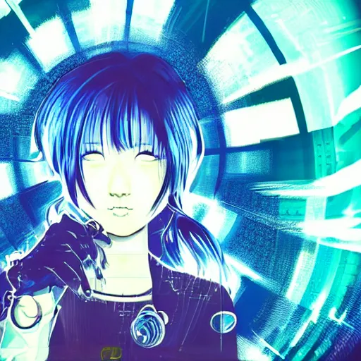 Image similar to Frequency indie album cover, luxury advertisement, blue filter, blue and black colors. Clean and detailed post-cyberpunk sci-fi close-up schoolgirl in asian city in style of cytus and deemo, blue flame, relaxing, calm and mysterious vibes, by Tsutomu Nihei, by Yoshitoshi ABe, by Ilya Kuvshinov, by Greg Tocchini, nier:automata, set in half-life 2, Matrix, GITS, Blade Runner, Neotokyo Source, Syndicate(2012), dynamic composition, beautiful with eerie vibes, very inspirational, very stylish, with gradients, surrealistic, dystopia, postapocalyptic vibes, depth of field, mist, rich cinematic atmosphere, perfect digital art, mystical journey in strange world, beautiful dramatic dark moody tones and studio lighting, shadows, bastion game, arthouse