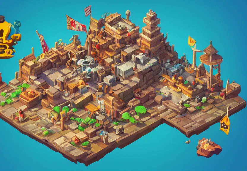 Image similar to isometric chubby 3 d game level, based on pirate kings, with detailed, clean, cartoon, octane render, unreal engine, artgerm, artstation