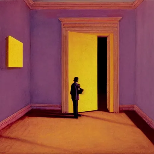 Prompt: a lonely figure in an haunted hotel abandoned room, hyperrealistic film still by edward hopper, by gottfried helnwein, by klimt, by de chirico, art noveau, highly detailed, strong lights, liminal, eerie, metaphysical, bright pastel colors,