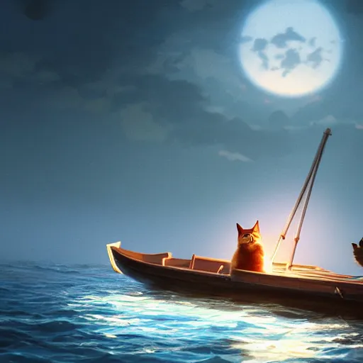 Image similar to a wholesome animation key shot of a cat on a boat close to the shore in the night, medium shot, studio ghibli, pixar and disney animation, sharp, rendered in unreal engine 5, anime key art by greg rutkowski, bloom, dramatic lighting