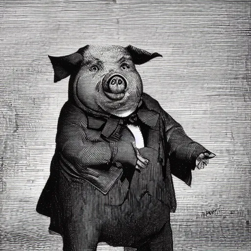 Image similar to pig in a tuxedo, illustration by Gustave Doré