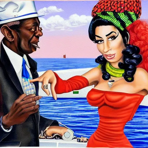 Prompt: beautiful lifelike painting of flava flav and amy winehouse buying a yacht in dubrovnik, hyperreal detailed facial features and uv lighting, art by ed roth and basil wolverton