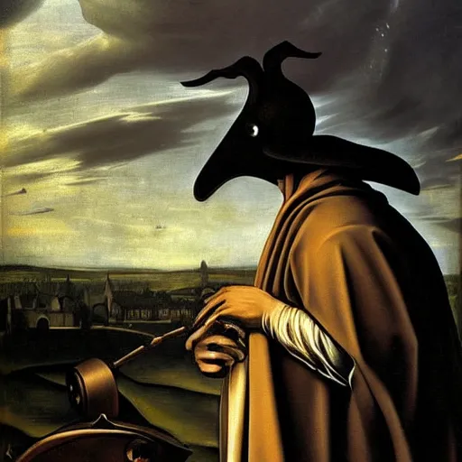 Image similar to medieval plague doctor under the cloudy sky apocalyptic deviant art dark art caravaggio