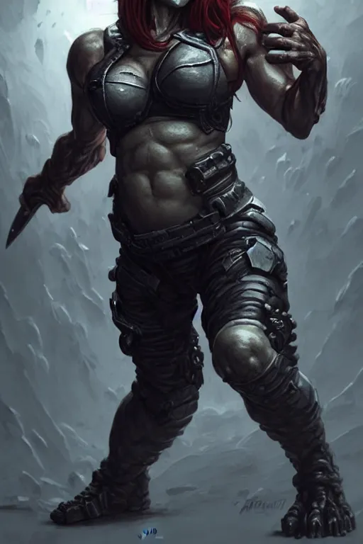 Prompt: gina carano as an ork with prothesis metallic left arm, casual black clothing, muscular, realistic proportions, casual pose, large portrait, sci - fi, shadowrun, rpg character, digital painting, artstation, concept art, smooth, 8 k frostbite 3 engine, ultra detailed, art by artgerm and greg rutkowski and magali villeneuve