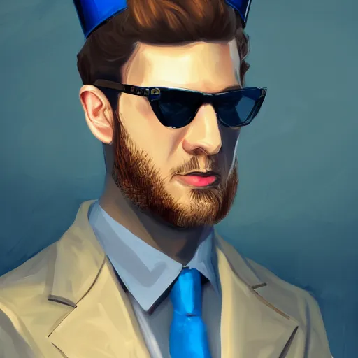 Image similar to rich businessman wearing an expensive blue crown and black shades , digital painting , digital art , artstation , devian art , 4k , HD