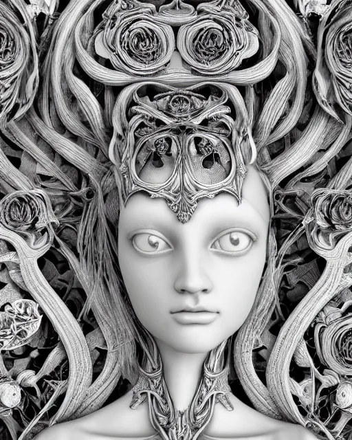 Image similar to mythical dreamy black and white organic bio-mechanical spinal ribbed profile face portrait detail of translucent steampunk beautiful female angelic-human-queen-vegetal-cyborg, highly detailed, intricate trnaslucent ivy jelly ornate, poetic, translucent roses ornate, 3D render, digital art, octane render, 8K artistic photography, photo-realistic, by Dora Maar