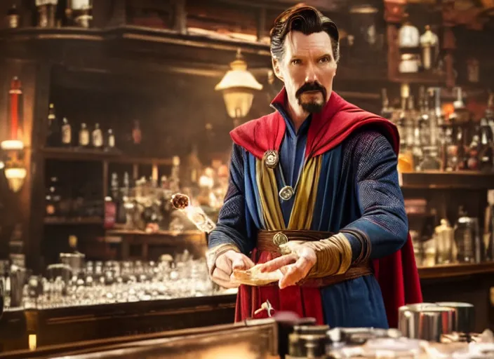 Image similar to film still of singular Doctor Strange working as a bartender in the new Avengers movie, 4k