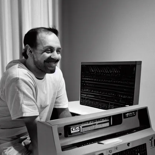 Prompt: a photo of a man sitting infront of a 1 9 9 0 s computer, he is smilling at the camera, he is a 3 meters away from the camera, light coming from the camera, taken on a 1 9 9 0 s camera.