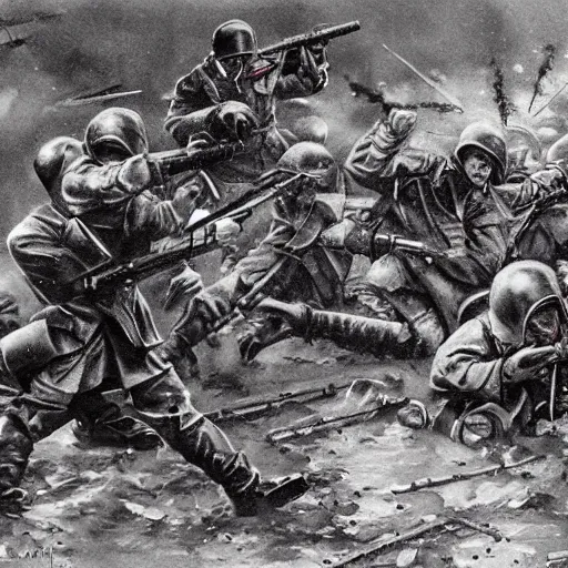 Prompt: ironman shooting machine guns against nazi germany on the bloody muddy battlefield of world war painted by wlop