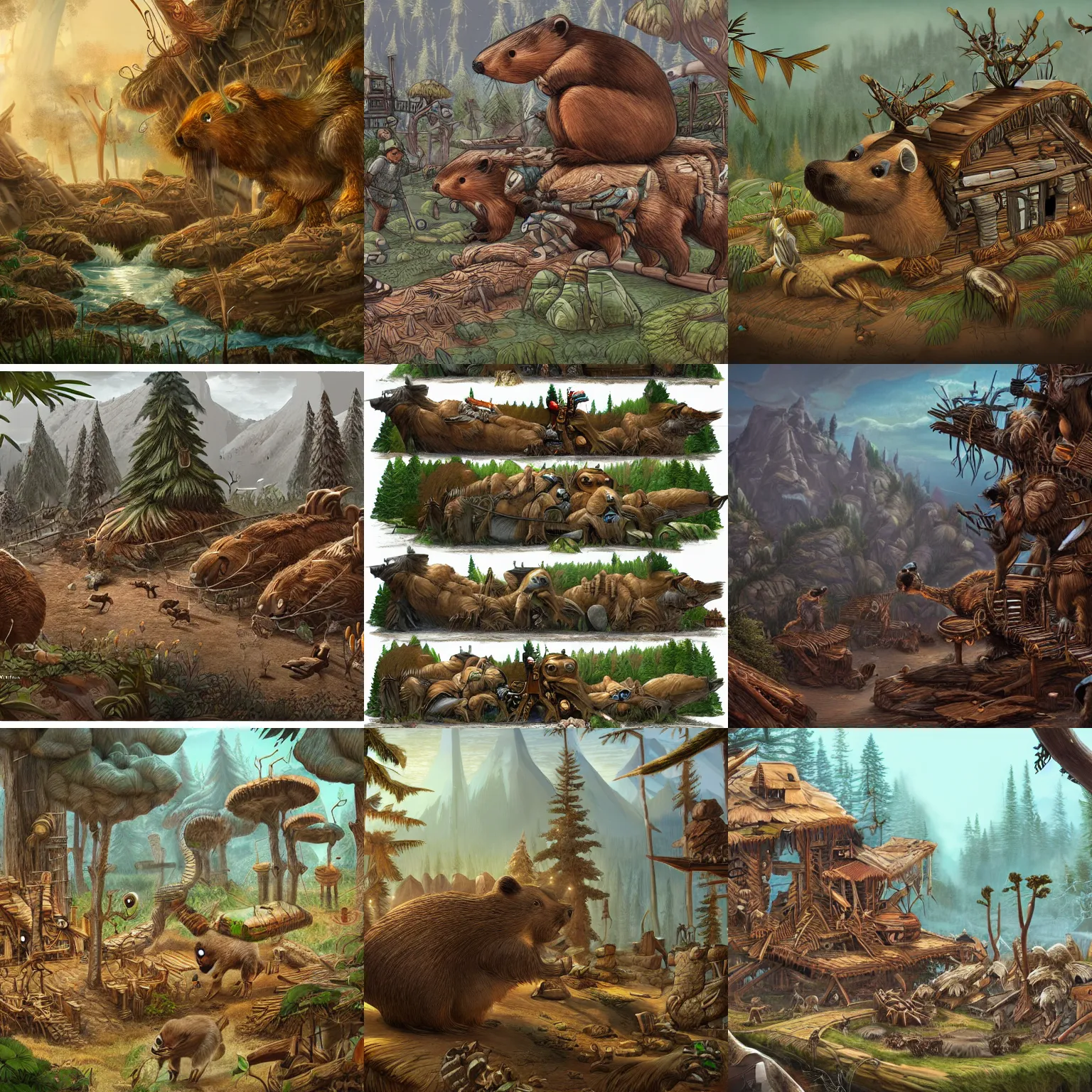 Prompt: A Timberpunk Civilization of evolved Beavers, highly detailed, illustration, excellent composition, trending on Artstation