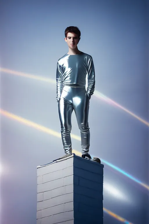 Image similar to un ultra high definition studio quality photographic art portrait of a young man standing on the rooftop of a british apartment building wearing soft baggy inflatable padded silver iridescent pearlescent clothing. three point light. extremely detailed. golden ratio, ray tracing, volumetric light, shallow depth of field. set dressed.