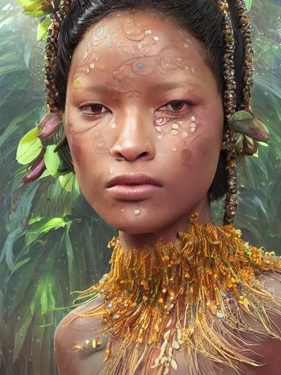 Image similar to beautiful portrait of a Subtropical monsoon climate minority female wearing fantastic costume,ivoy skin, pigtail,subtropical plants,subtropical plants flowers,intricate, elegant, highly detailed, dim volumetric lighting, 8k,octane,post-processing,digital painting, trending on artstation, concept art, smooth, sharp focus, illustration,by Tom Bagshaw and Daniel Gerhartz and Albert Aublet and Lawrence Alma-Tadema and alphonse mucha