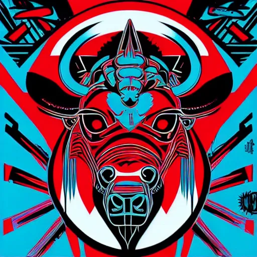 Prompt: a beautiful album cover of a cyberpunk bison by Shepard Fairey, red white and cyan color scheme