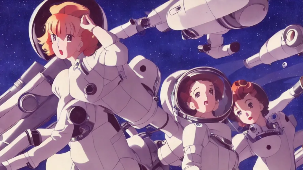 Prompt: a film still of a 1 9 5 0's anime girls in spacesuits from ufo at another planetе, full body mid shot, perfect art, trending on pixiv fanbox, painted by gaston bussiere, makoto shinkai, akihiko yoshida, craig mullins, studio ghibli