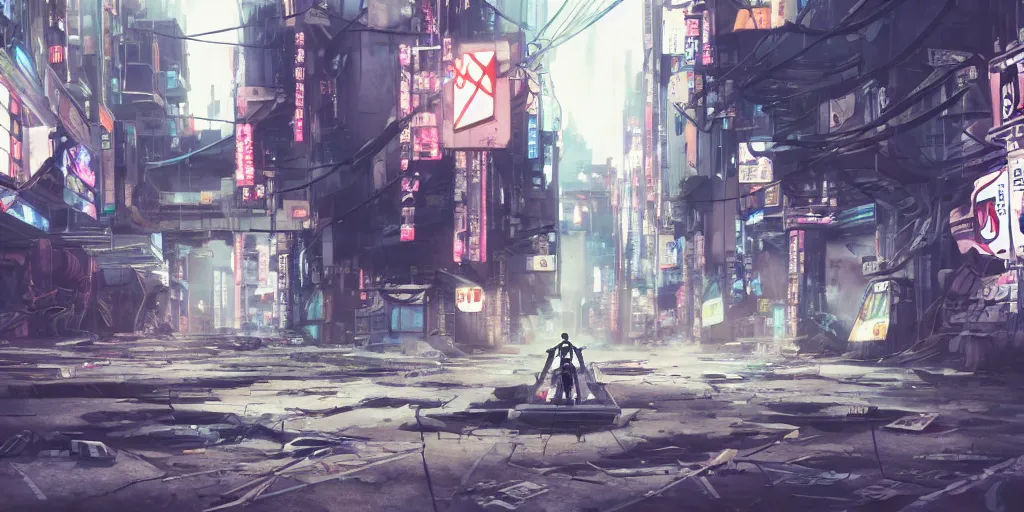 Image similar to a robot mecha wandering in a deserted shinjuku junk town, anime watercolor, soft bloom lighting, paper texture, movie scene, cyberpunk, animatronic, black smoke, pale beige sky pencil marks hd, 4k, remaster, dynamic camera angle, deep 3 point perspective, fish eye, dynamic scene